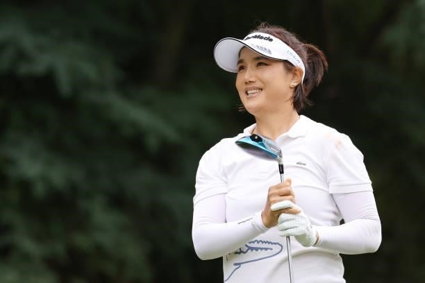 Mi-Jeong Jeon of South Korea hits her tee shot on the 8th hole during the second round of the Nitori Ladies at Otaru Country Club on August 27, 2021...