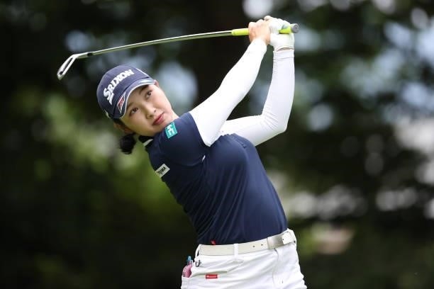 Sakura Koiwai of Japan hits her tee shot on the 7th hole during the second round of the Nitori Ladies at Otaru Country Club on August 27, 2021 in...