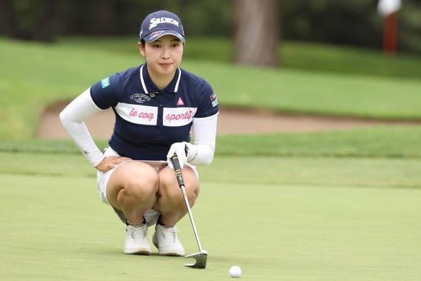 Sakura Koiwai of Japan lines up her putt on the 6th hole during the second round of the Nitori Ladies at Otaru Country Club on August 27, 2021 in...