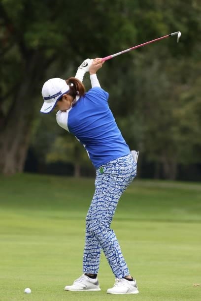 Hina Arakaki of Japan hits her third shot on the 8th hole during the second round of the Nitori Ladies at Otaru Country Club on August 27, 2021 in...