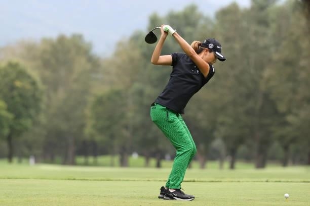Megumi Kido of Japan hits her tee shot on the 6th hole during the second round of the Nitori Ladies at Otaru Country Club on August 27, 2021 in...