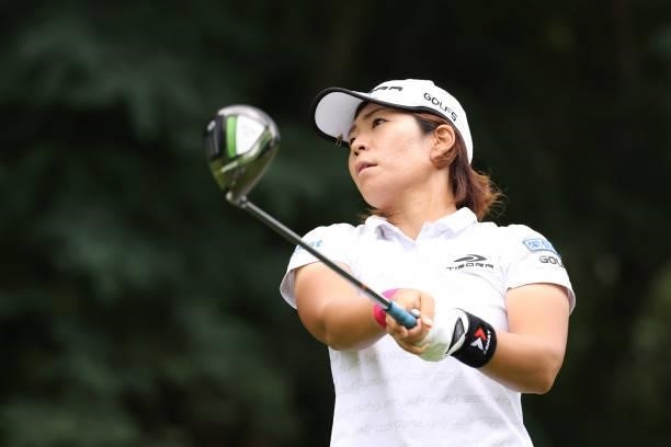 Lala Anai of Japan hits her tee shot on the 8th hole during the second round of the Nitori Ladies at Otaru Country Club on August 27, 2021 in Otaru,...