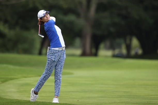 Hina Arakaki of Japan hits her second shot on the 18th hole during the second round of the Nitori Ladies at Otaru Country Club on August 27, 2021 in...