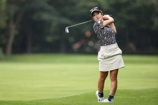 Nanoko Hayashi of Japan hits her second shot on the 9th hole during the second round of the Nitori Ladies at Otaru Country Club on August 27, 2021 in...