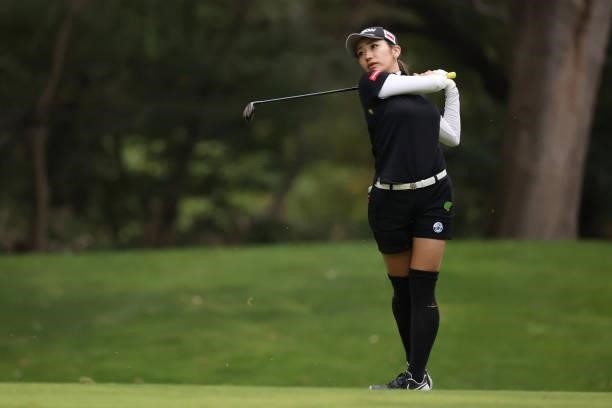 Ayano Yasuda of Japan hits her second shot on the 9th hole during the second round of the Nitori Ladies at Otaru Country Club on August 27, 2021 in...