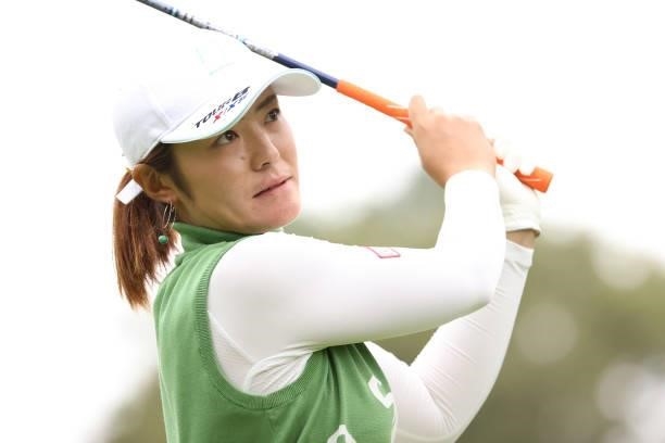 Ayaka Watanabe of Japan hits her tee shot on the 18th hole during the second round of the Nitori Ladies at Otaru Country Club on August 27, 2021 in...