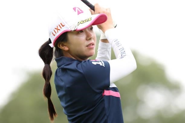 Kotone Hori of Japan hits her tee shot on the 18th hole during the second round of the Nitori Ladies at Otaru Country Club on August 27, 2021 in...