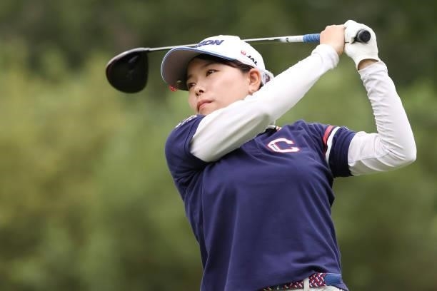 Minami Katsu of Japan hits her tee shot on the 18th hole during the second round of the Nitori Ladies at Otaru Country Club on August 27, 2021 in...