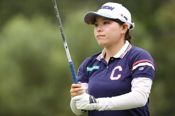 Minami Katsu of Japan hits her tee shot on the 18th hole during the second round of the Nitori Ladies at Otaru Country Club on August 27, 2021 in...