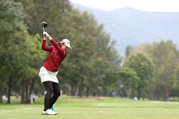 Rie Tsuji of Japan hits her tee shot on the 6th hole during the second round of the Nitori Ladies at Otaru Country Club on August 27, 2021 in Otaru,...