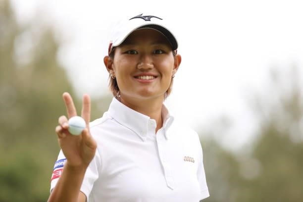 Mao Nozawa of Japan celebrates after making her birdie putt on the 6th hole during the second round of the Nitori Ladies at Otaru Country Club on...