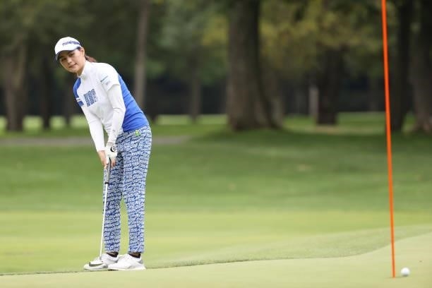 Hina Arakaki of Japan putts on the 8th hole during the second round of the Nitori Ladies at Otaru Country Club on August 27, 2021 in Otaru, Hokkaido,...