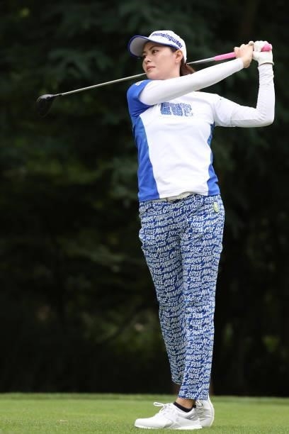 Hina Arakaki of Japan hits her tee shot on the 8th hole during the second round of the Nitori Ladies at Otaru Country Club on August 27, 2021 in...