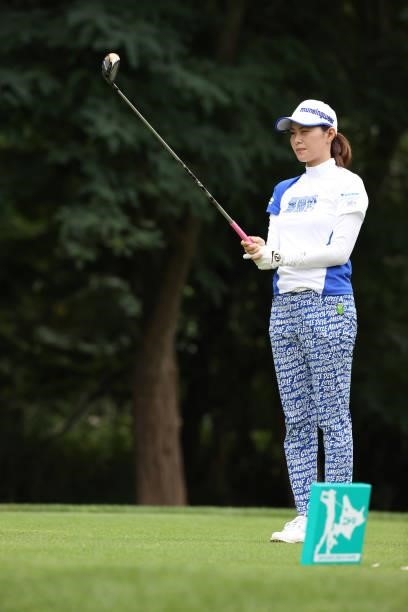 Hina Arakaki of Japan hits her tee shot on the 8th hole during the second round of the Nitori Ladies at Otaru Country Club on August 27, 2021 in...