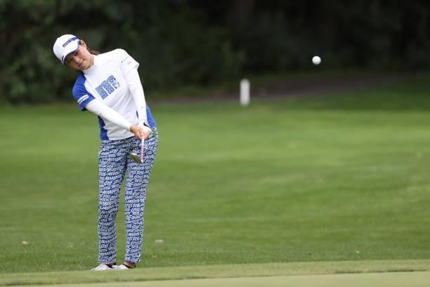 Hina Arakaki of Japan chips onto the 7th green during the second round of the Nitori Ladies at Otaru Country Club on August 27, 2021 in Otaru,...