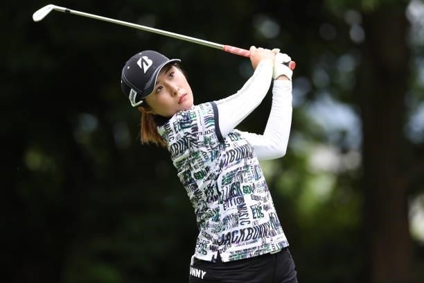 Momoko Osato of Japan hits her tee shot on the 7th hole during the second round of the Nitori Ladies at Otaru Country Club on August 27, 2021 in...