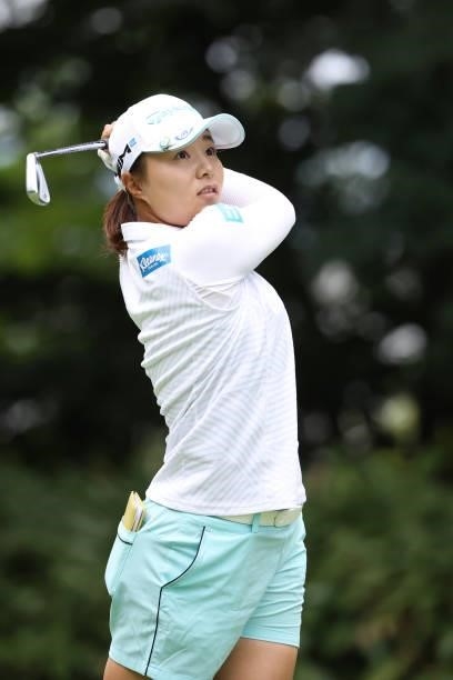 Saki Nagamine of Japan hits her tee shot on the 7th hole during the second round of the Nitori Ladies at Otaru Country Club on August 27, 2021 in...