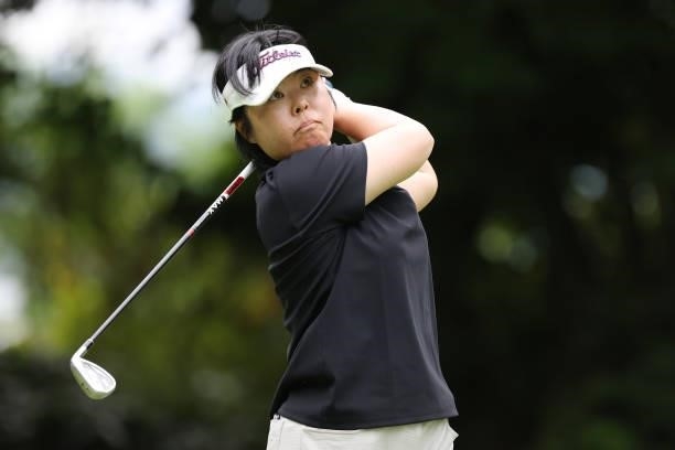 Yuri Fudo of Japan hits her tee shot on the 7th hole during the second round of the Nitori Ladies at Otaru Country Club on August 27, 2021 in Otaru,...