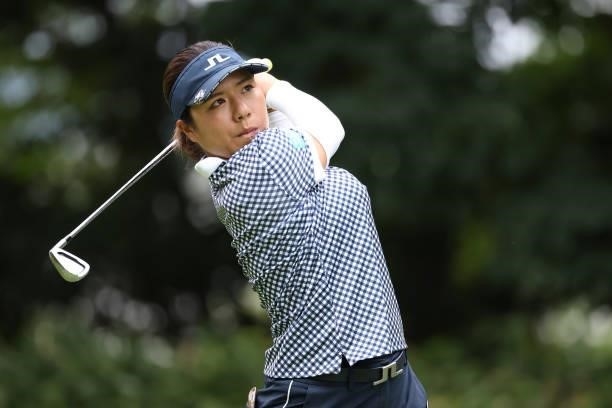 Eri Okayama of Japan hits her tee shot on the 7th hole during the second round of the Nitori Ladies at Otaru Country Club on August 27, 2021 in...