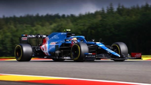 Esteban Ocon of France driving the Alpine A521 Renault during practice ahead of the F1 Grand Prix of Belgium at Circuit de Spa-Francorchamps on...