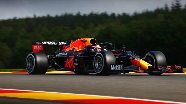 Max Verstappen of the Netherlands driving the Red Bull Racing RB16B Honda during practice ahead of the F1 Grand Prix of Belgium at Circuit de...