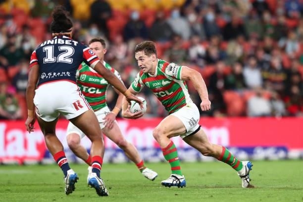 Cameron Murray of the Rabbitohs makes a break during the round 24 NRL match between the Sydney Roosters and the South Sydney Rabbitohs at Suncorp...