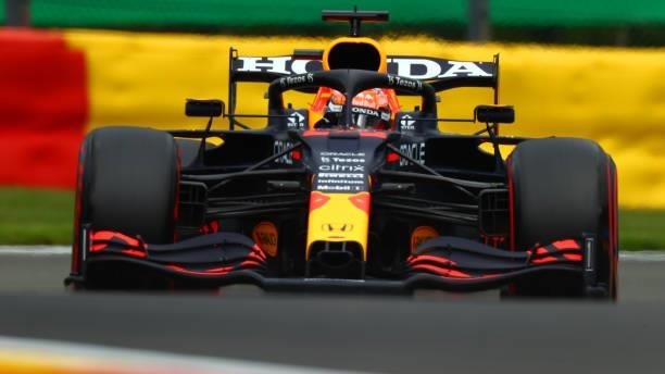 Max Verstappen of the Netherlands driving the Red Bull Racing RB16B Honda during practice ahead of the F1 Grand Prix of Belgium at Circuit de...