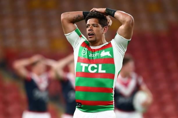 Dane Gagai of the Rabbitohs reacts during the round 24 NRL match between the Sydney Roosters and the South Sydney Rabbitohs at Suncorp Stadium on...