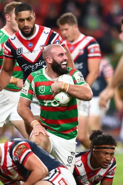 Mark Nicholls of the Rabbitohs celebrates after scoring a try during the round 24 NRL match between the Sydney Roosters and the South Sydney...