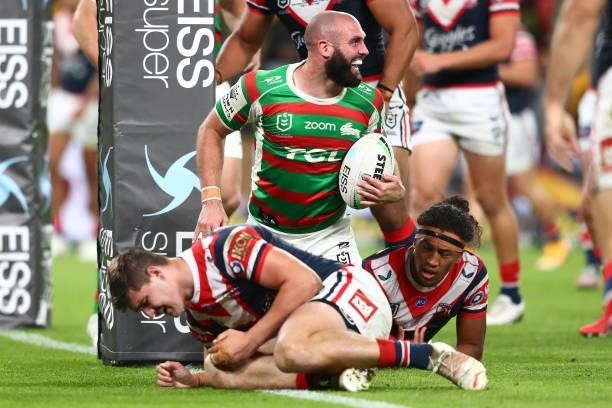 Mark Nicholls of the Rabbitohs celebrates after scoring a try during the round 24 NRL match between the Sydney Roosters and the South Sydney...