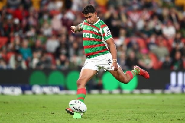 Latrell Mitchell of the Rabbitohs kicks a conversion during the round 24 NRL match between the Sydney Roosters and the South Sydney Rabbitohs at...