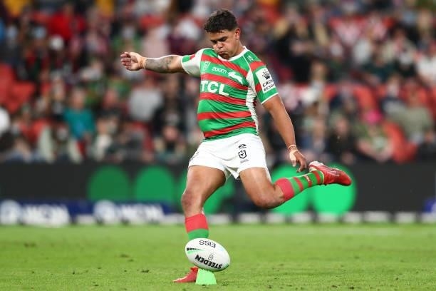 Latrell Mitchell of the Rabbitohs kicks a conversion during the round 24 NRL match between the Sydney Roosters and the South Sydney Rabbitohs at...