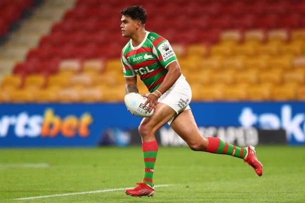 Latrell Mitchell of the Rabbitohs runs the ball during the round 24 NRL match between the Sydney Roosters and the South Sydney Rabbitohs at Suncorp...