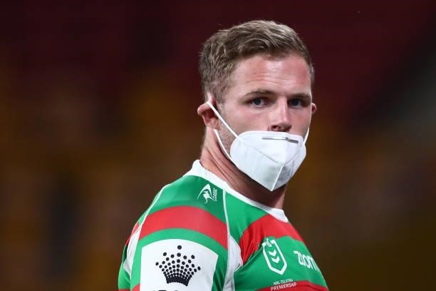 Thomas Burgess of the Rabbitohs is seen wearing a face mask during the round 24 NRL match between the Sydney Roosters and the South Sydney Rabbitohs...