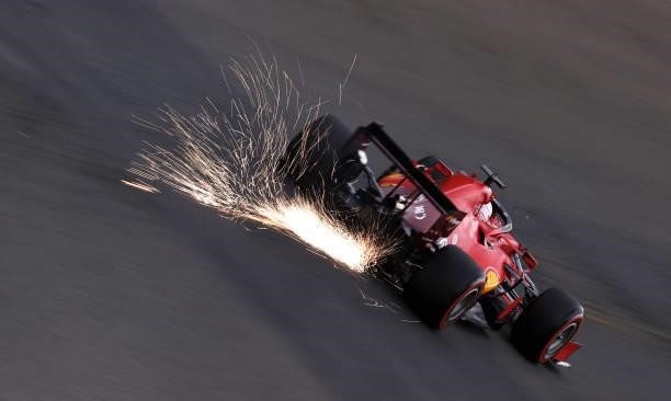 Sparks fly behind Charles Leclerc of Monaco driving the Scuderia Ferrari SF21 during practice ahead of the F1 Grand Prix of Belgium at Circuit de...
