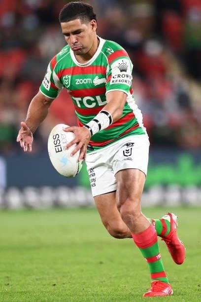 Cody Walker of the Rabbitohs kicks the ball during the round 24 NRL match between the Sydney Roosters and the South Sydney Rabbitohs at Suncorp...