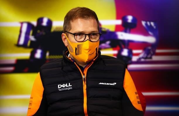 McLaren Team Principal Andreas Seidl talks in the Team Principals Press Conference during practice ahead of the F1 Grand Prix of Belgium at Circuit...