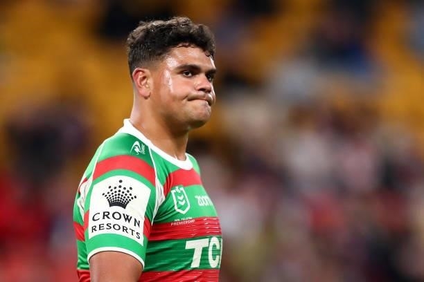 Latrell Mitchell of the Rabbitohs reacts after being sent to the sin-bin for a high tackle on Joseph Manu of the Roosters during the round 24 NRL...