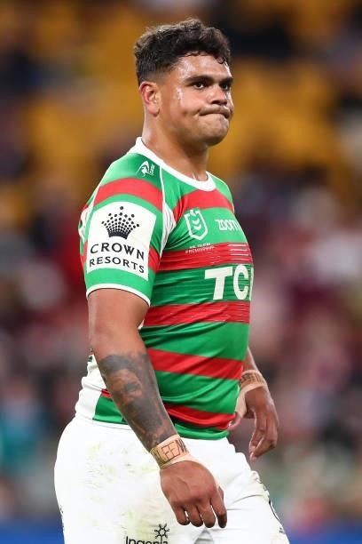 Latrell Mitchell of the Rabbitohs reacts after being sent to the sin-bin for a high tackle on Joseph Manu of the Roosters during the round 24 NRL...