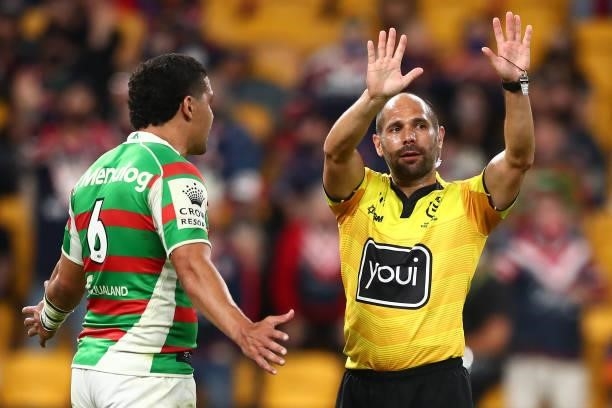 Referee Ashley Klein sends Latrell Mitchell of the Rabbitohs to the sin-bin for a high tackle on Joseph Manu of the Roosters during the round 24 NRL...