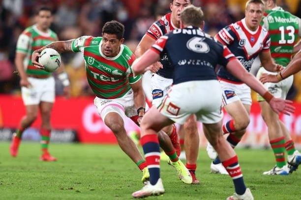 Dane Gagai of the Rabbitohs is tackled during the round 24 NRL match between the Sydney Roosters and the South Sydney Rabbitohs at Suncorp Stadium on...