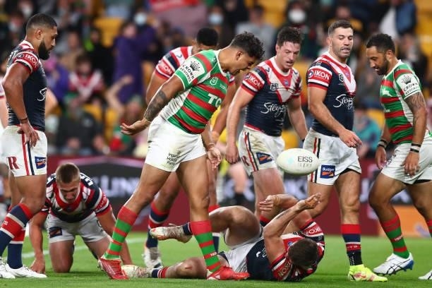 Latrell Mitchell of the Rabbitohs reacts after scoring a try during the round 24 NRL match between the Sydney Roosters and the South Sydney Rabbitohs...