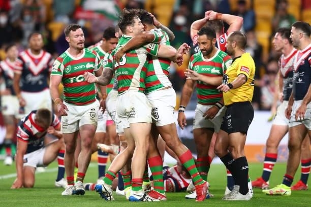 Latrell Mitchell of the Rabbitohs celebrates with Cameron Murray of the Rabbitohs after scoring a try during the round 24 NRL match between the...