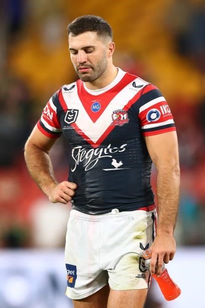 James Tedesco of the Roosters looks on after losing the round 24 NRL match between the Sydney Roosters and the South Sydney Rabbitohs at Suncorp...