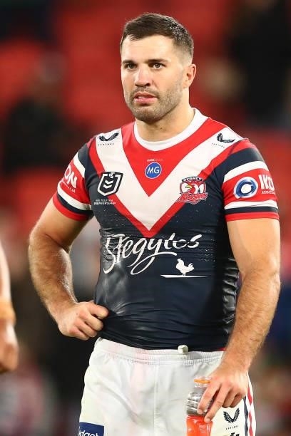 James Tedesco of the Roosters looks on after losing the round 24 NRL match between the Sydney Roosters and the South Sydney Rabbitohs at Suncorp...