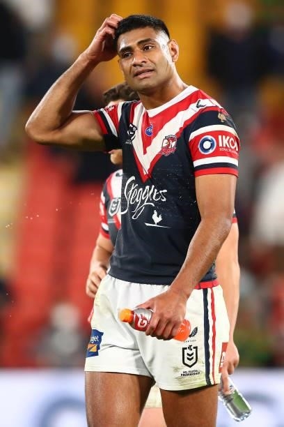 Daniel Tupou of the Roosters looks on after losing the round 24 NRL match between the Sydney Roosters and the South Sydney Rabbitohs at Suncorp...