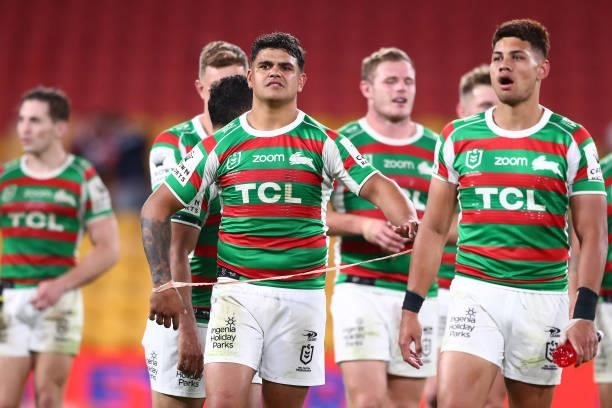 Latrell Mitchell of the Rabbitohs looks on after the round 24 NRL match between the Sydney Roosters and the South Sydney Rabbitohs at Suncorp Stadium...