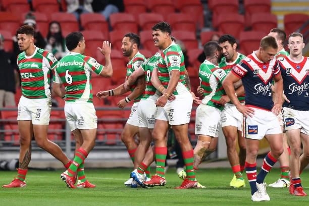 Latrell Mitchell of the Rabbitohs celebrates after a Rabbitohs try during the round 24 NRL match between the Sydney Roosters and the South Sydney...
