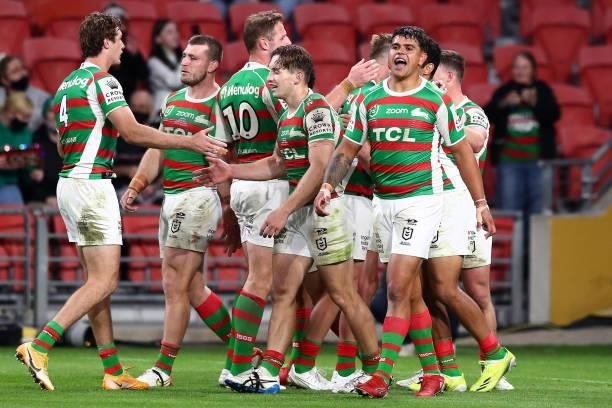 Latrell Mitchell of the Rabbitohs celebrates after a Rabbitohs try during the round 24 NRL match between the Sydney Roosters and the South Sydney...