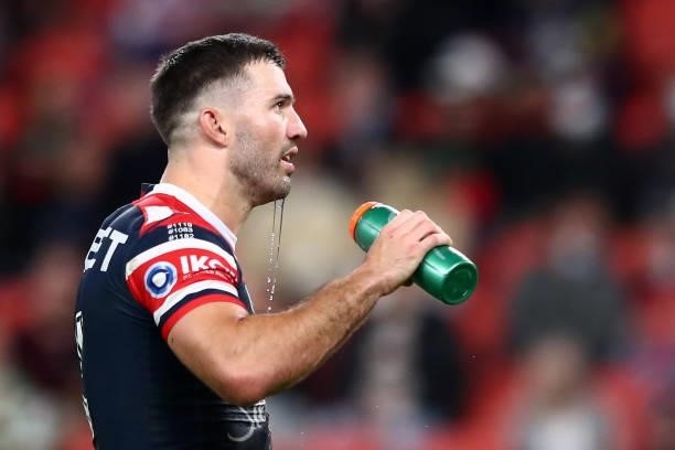 James Tedesco of the Roosters takes a drink during the round 24 NRL match between the Sydney Roosters and the South Sydney Rabbitohs at Suncorp...